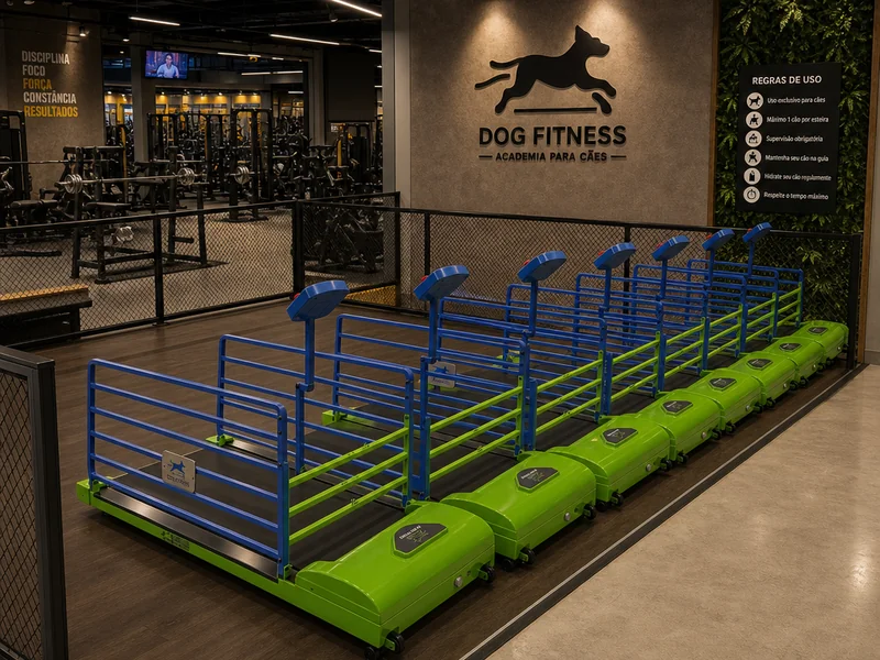 Espaço Dog Fitness com várias esteiras dentro de uma academia