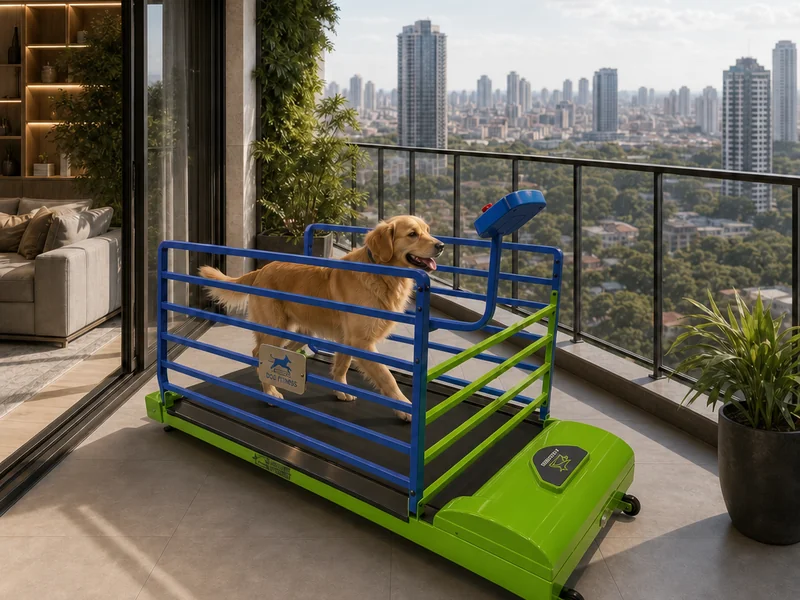 Cão se exercitando na esteira Dog Fitness na varanda de um apartamento