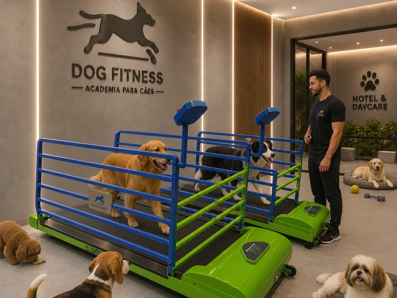 Cães se exercitando nas esteiras Dog Fitness em um hotel e daycare pet